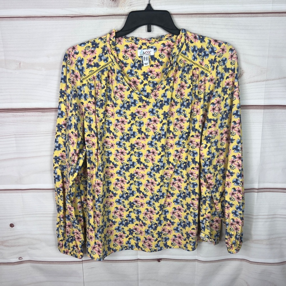 Denim & Co Top Womens 1X Yellow Floral Blouse Long Sleeve Lace Shoulder Pullover